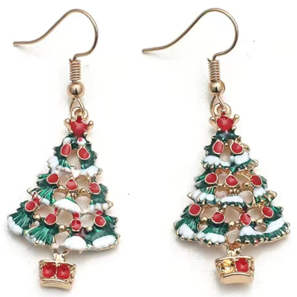 Gold tone Christmas Tree Enamel Dangle Drop Pierced Earrings Jewelry 2.25"